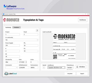 PowerForms printscherm voor het invoeren en afdrukken van typeplaten en tags